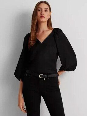 NWT Lauren Ralph Lauren Women's Satin Shantung Bubble Sleeve Blouse Black 10